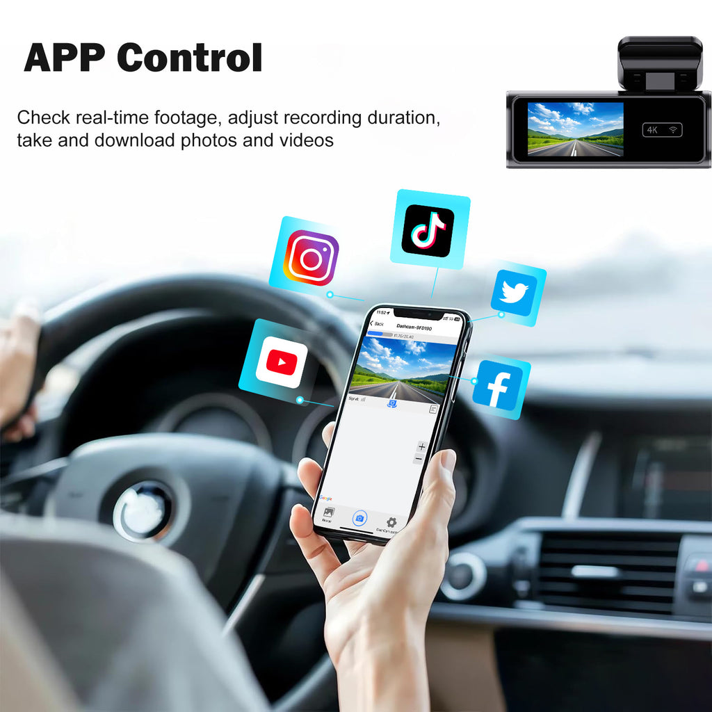 Grabadora de vídeo para coche con conexión Wi-Fi móvil, pantalla de 1,97 pulgadas, grabación dual en alta definición 4K y función de aparcamiento.