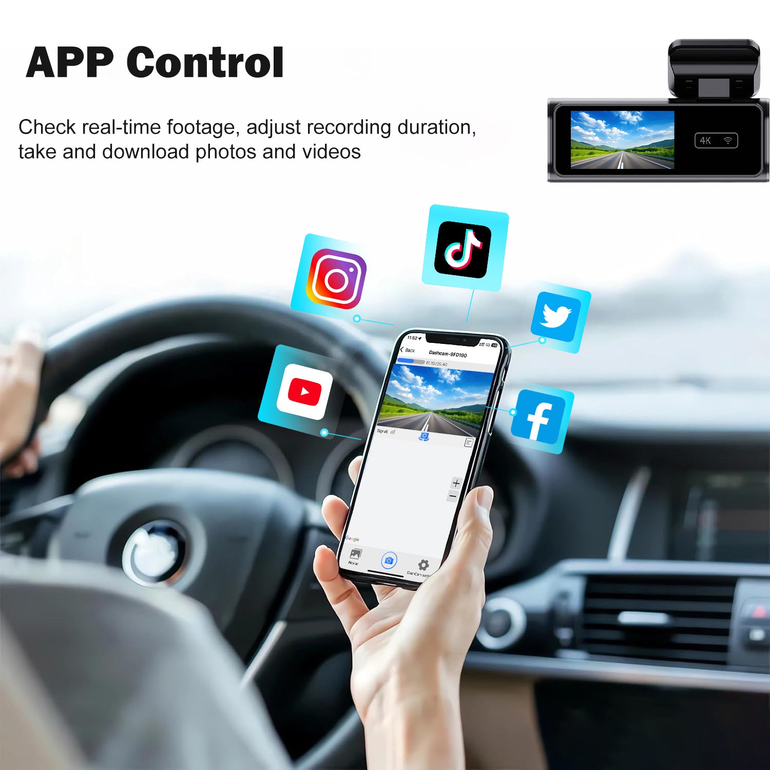 Grabadora de vídeo para coche con conexión Wi-Fi móvil, pantalla de 1,97 pulgadas, grabación dual en alta definición 4K y función de aparcamiento.