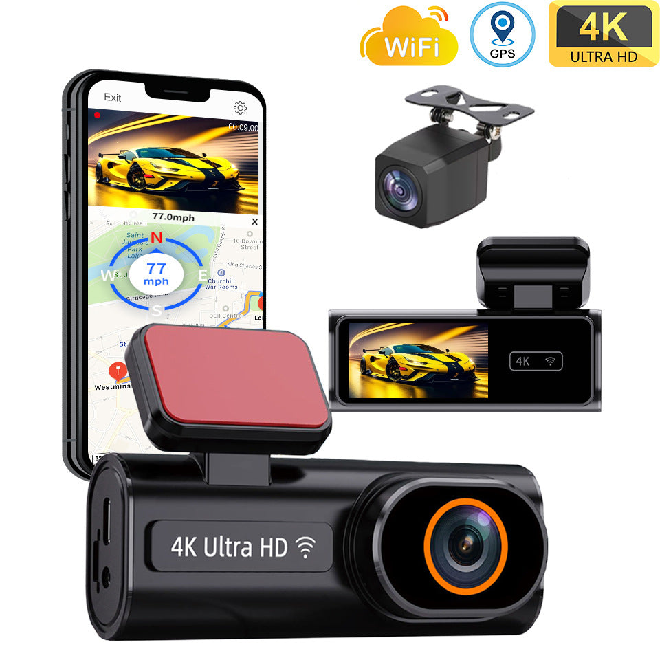 Grabadora de vídeo para coche con conexión Wi-Fi móvil, pantalla de 1,97 pulgadas, grabación dual en alta definición 4K y función de aparcamiento.