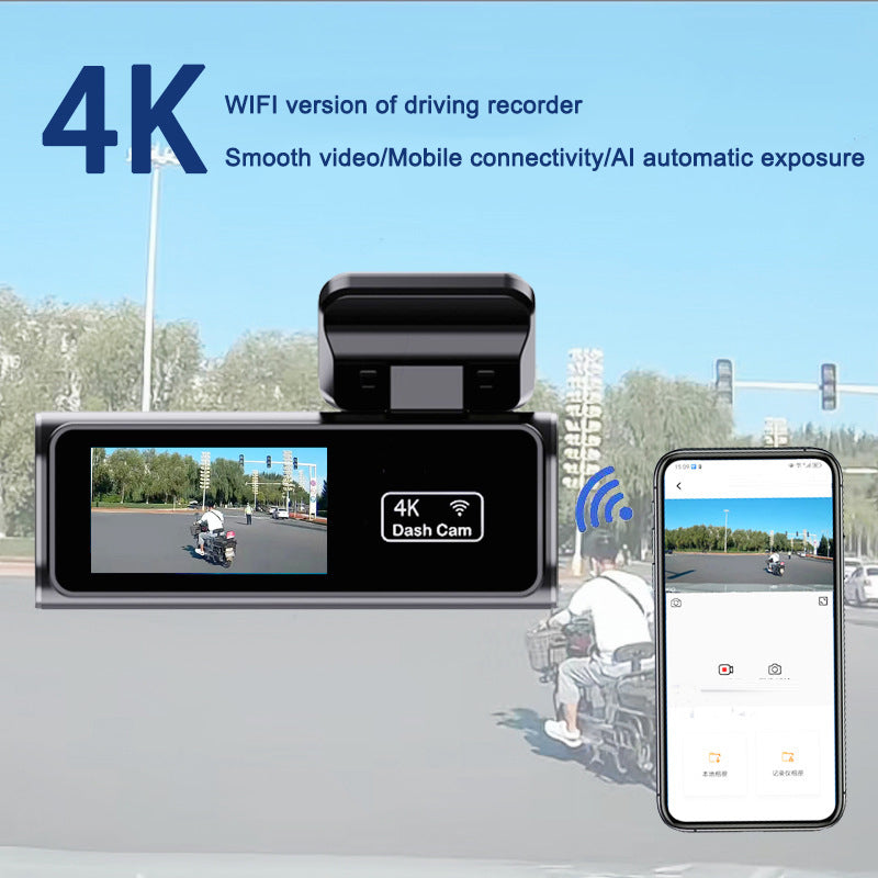 Grabadora de vídeo para coche con conexión Wi-Fi móvil, pantalla de 1,97 pulgadas, grabación dual en alta definición 4K y función de aparcamiento.